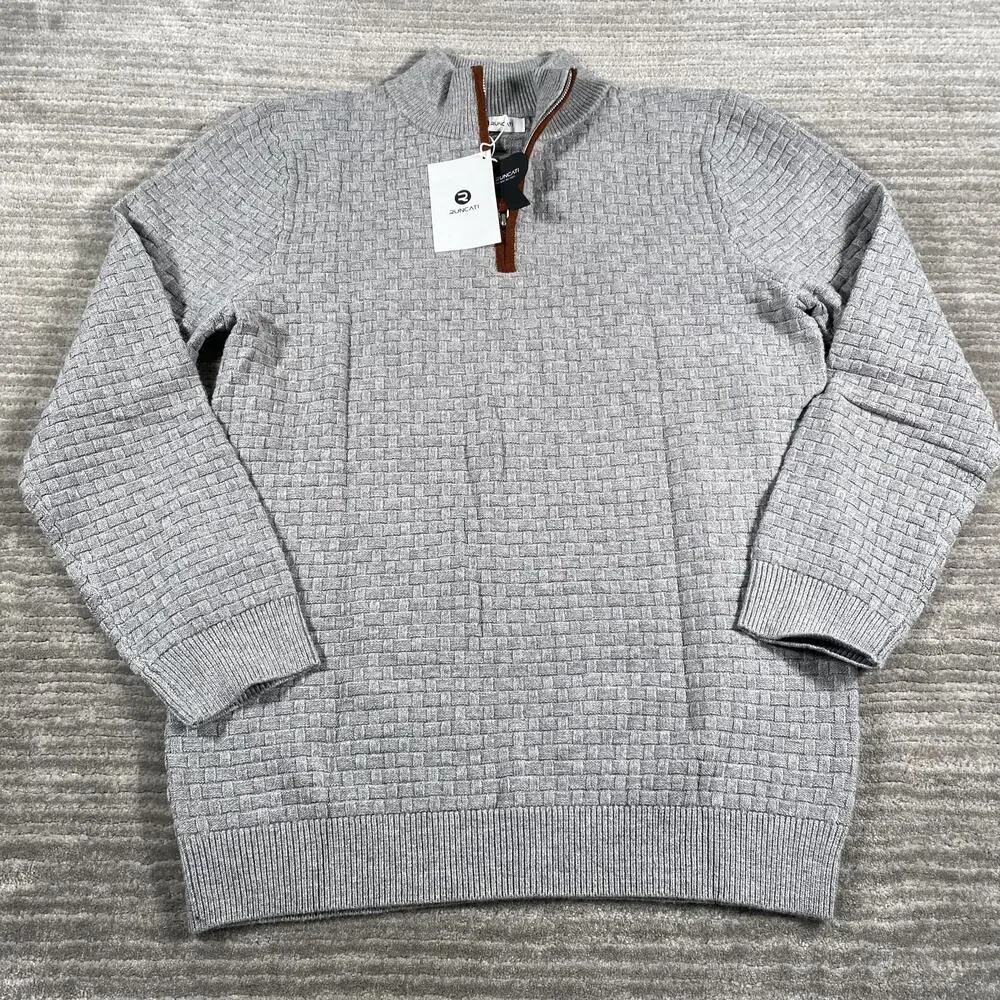 Runcati Sweater Mens Large Gray 1/4 Zip Mock Neck Waffle Knit Pullover Casual